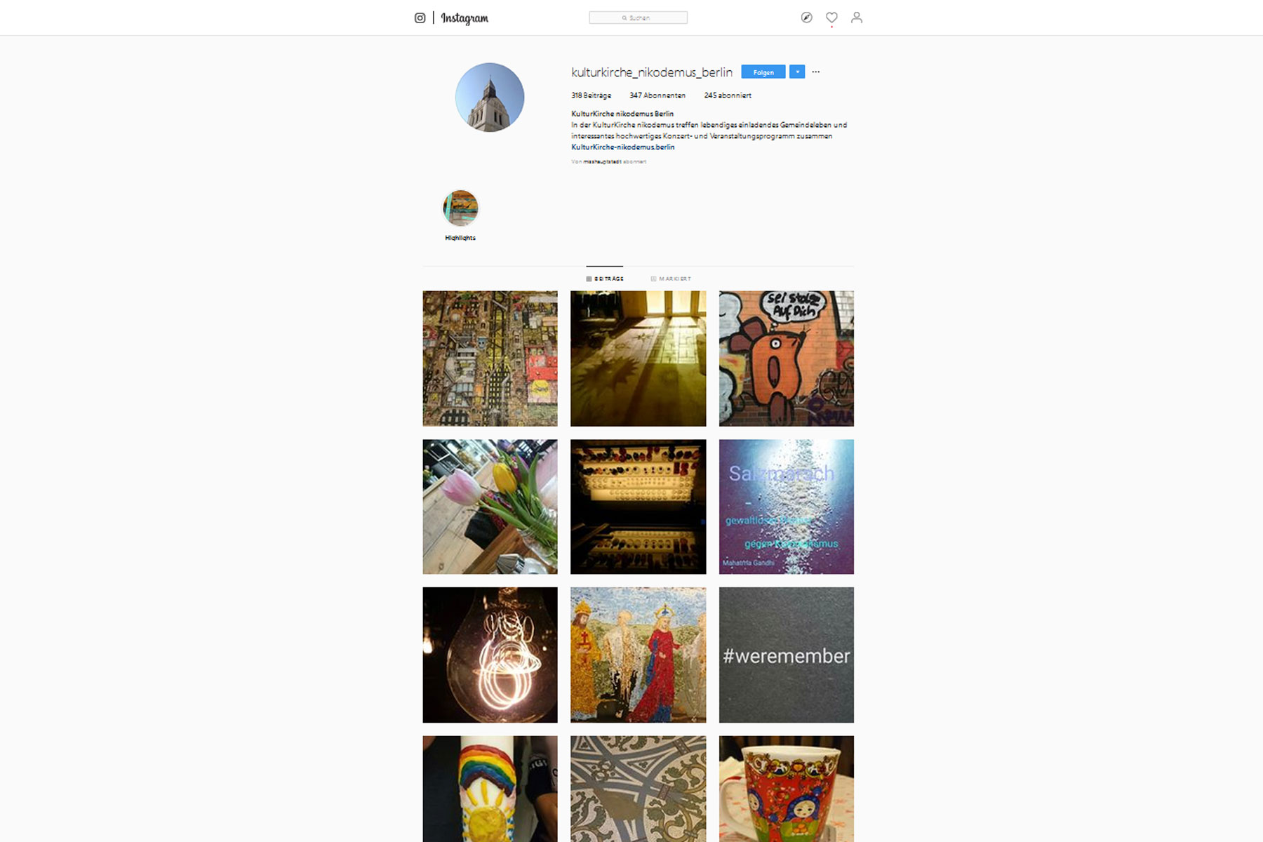 Instagram-Account der Kulturkirche Nikodemus. Praxisprojekt von Melanie Weber in der FCZB-Fortbildung Content- und Social-Media-Management