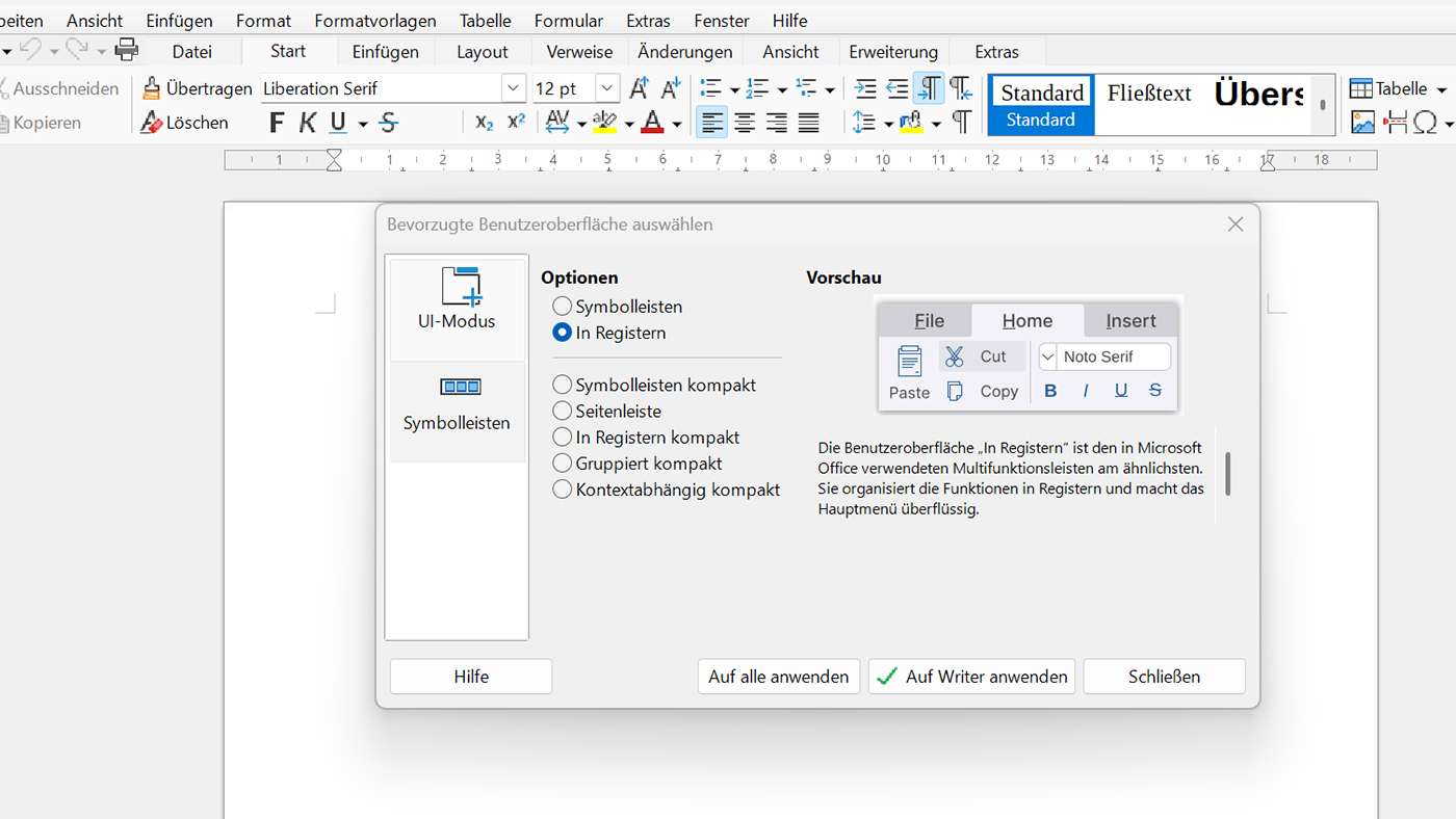 Die Benutzeroberfläche des Programms Writer von LibreOffice. Sie sieht der von Microsoft Word sehr ähnlich. Die Benutzeroberfläche des Programms Writer von LibreOffice. Sie sieht der von Microsoft Word sehr ähnlich.