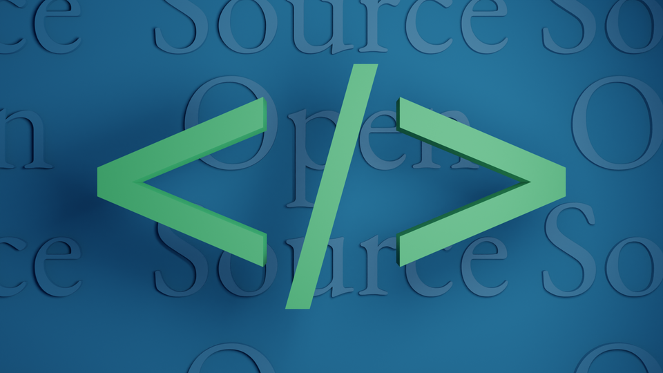 Eine Grafik mit einem grünen Code-Symbol () auf blauem Hintergrund und dem sich wiederholenden Text „Open Source“